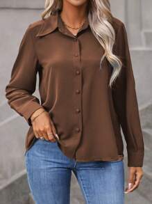 Vionelle Plus Size Plain Front Button Casual Shirt, Autumn Fall Cloth For Women - Brown - View 6