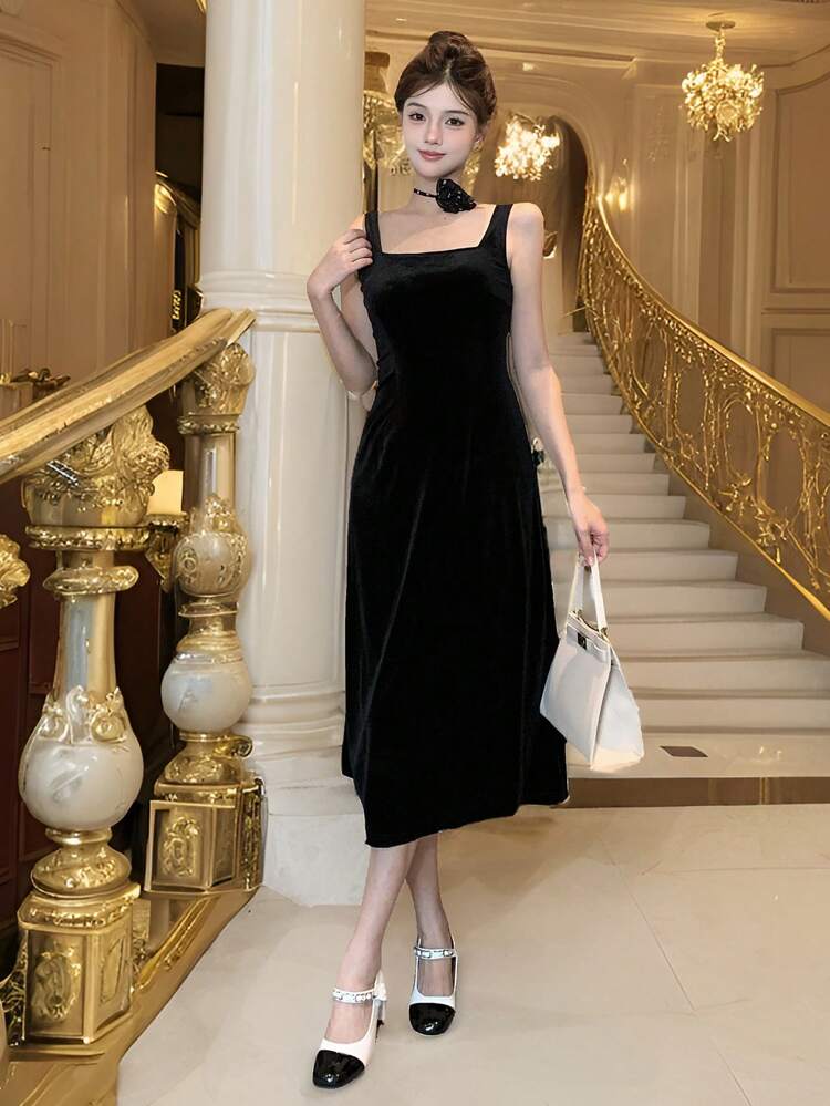 1pc Women's Elegant Solid Color Velvet Sleeveless Dress, Autumn, Birthday Prom Dress Sundress