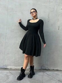 Flirla Plus Size Solid Color Crew Neck Elegant Long Sleeve Dress Fall Cloth For Women