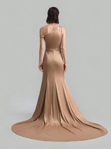 Ontre Sloping Shoulder Frills, Elegant, Light, Trailing, Super Women's Long Dress, Dress, Party, Festival, Show Figure, Show Elegant - Dusty Pink - View 2