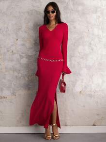 COSMINA Vestido de manga larga con cuello en V y abertura hasta el muslo de un solo color para mujer