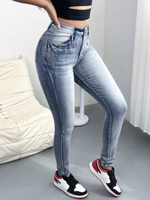 女士休闲水洗纽扣弹力修身牛仔裤 - 中等水洗藍 - 查看 4