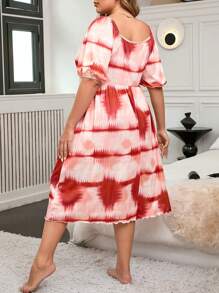 Plus Size Casual Tie-Dye Lantern Sleeve Waist Drawstring Nightgown
