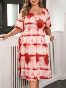 Plus Size Casual Tie-Dye Lantern Sleeve Waist Drawstring Nightgown