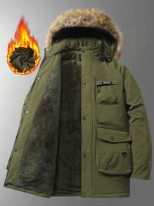 Manfinity Homme Men's Winter Letter Pattern Raglan Sleeve Thermal Lined Casual Hooded Detachable Padded Coat - Army Green - View 1