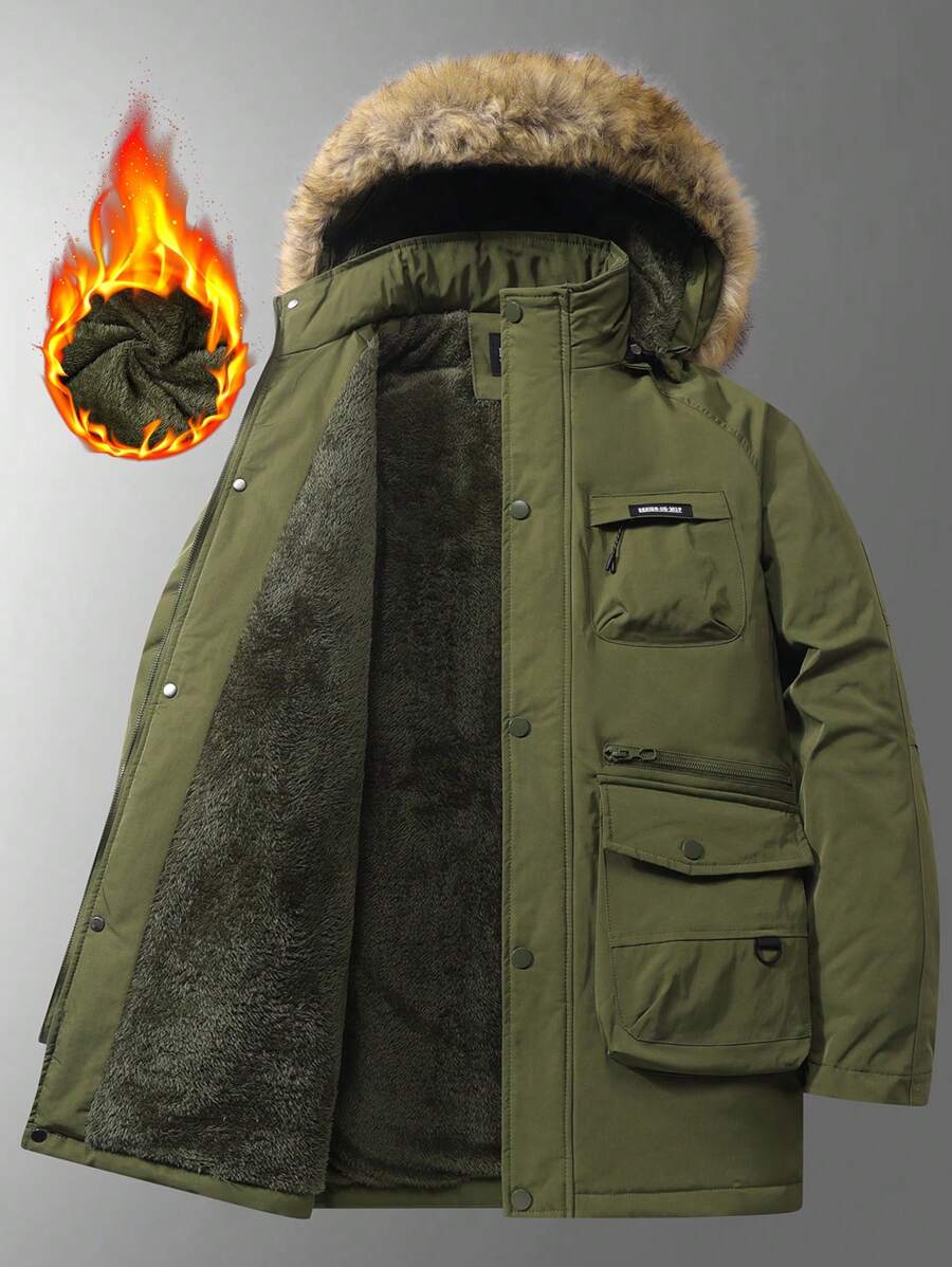 Manfinity Homme Men's Winter Letter Pattern Raglan Sleeve Thermal Lined Casual Hooded Detachable Padded Coat - Army Green - View 1