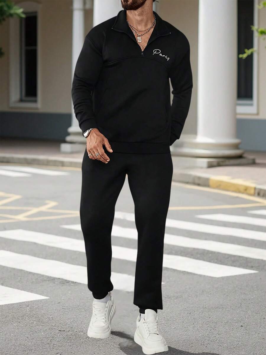 Manfinity Homme Men's Casual Letter Print Sweatshirt And Sweatpants Set - Black - View 1