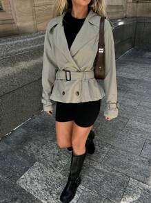 Forever 21 Women's Solid Color Double-Breasted Belted Long Sleeve Trench Coat - Green - View 4