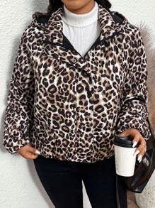 SHEIN Frenchy Plus Size Dam Vinter Casual Leopard Print Zip-Up Hooded Jacket - Multifärgad - Visa 1