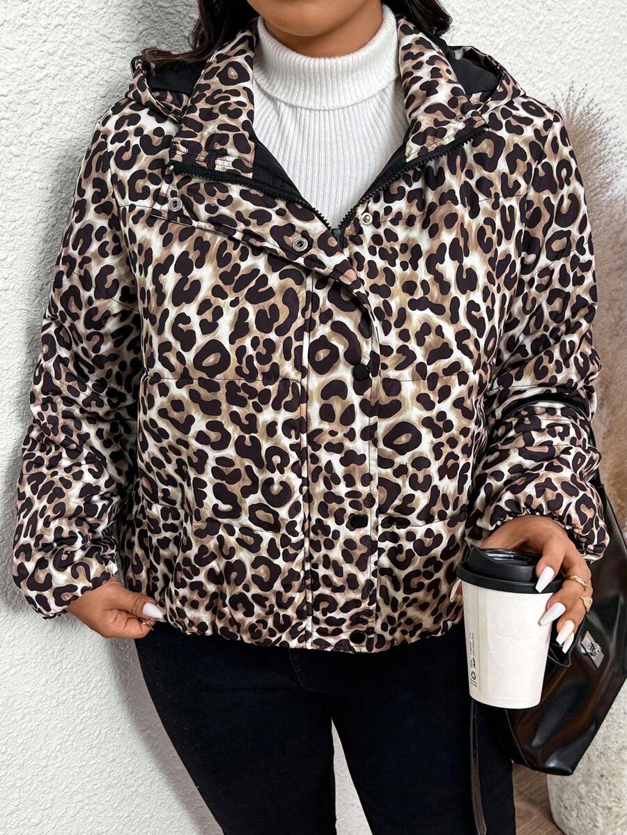 SHEIN Frenchy Plus Size Dam Vinter Casual Leopard Print Zip-Up Hooded Jacket - Multifärgad - Visa 1