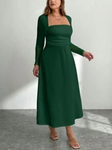 SHEIN Privé Vestido largo de corte evasé sin mangas talla grande para mujer, vestido verde de cuello alto, ajustado con ribete de volantes y abertura lateral, para otoño y vuelta al colegio