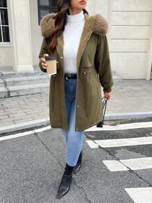 SHEIN Frenchy Manteau long rembourré décontracté pour femmes grandes tailles, vert armée, doublure thermique chaude, taille ajustable par cordon, poches, poignets côtelés coupe-vent, manteau d'hiver