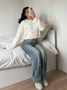 SHEIN EZwear Suéter informal de cuello redondo, manga larga, con detalle de lazo