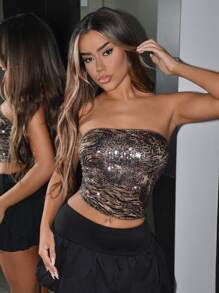 SHEIN ICON 时尚性感豹纹亮片短款吊带背心 - 棕色 - 查看 3
