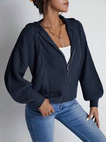 RueChic Casual Solid Color Lantern Sleeve Hoodie Cardigan, Autumn/Winter,Long Sleeve Tops