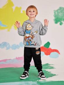 Nick 90s | SHEIN 2 件套年轻男孩卡通人物印花连帽衫和黑色慢跑运动裤，休闲 - 灰色 - 查看 7