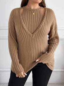 SHEIN Frenchy مجموعة كنزة صوفية وتوب كروشيه عادي مقاس كبير للربيع والخريف - بني مخاوي - مشاهدة 5