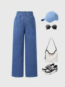 Tween Girls Washed Blue Casual Loose Jeans, Spring/Autumn - Medium Wash - View 2