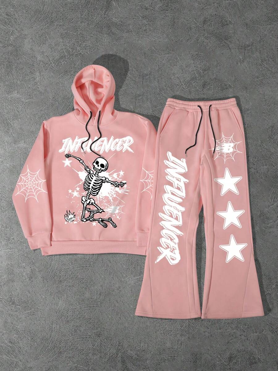 Manfinity Roghcode Ensemble 2 pièces Manfinity Streetrush pour hommes, survêtement casual avec capuche, imprimé tête de mort et lettres, en rose. Ensemble survêtement homme, tenue 2 pièces homme, vêtements homme, ensemble Sweat-shirt à capuche et pantalon de jogging - Rose bonbon - Voir 1