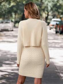 2 件女士休闲圆领毛衣连衣裙，适合通勤和外出 - 米色 - 查看 7
