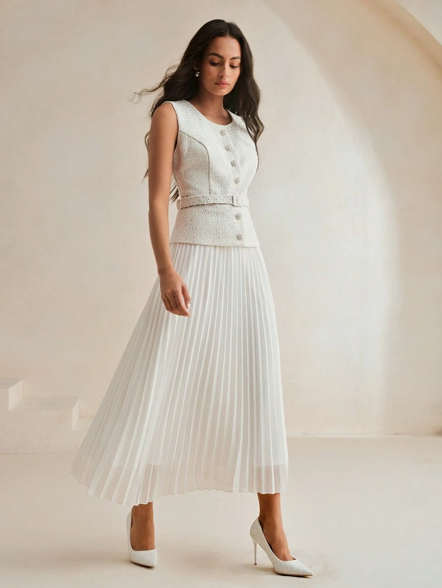 Anewsta 女士优雅复古拼布雪纺二合一褶皱连衣裙长款粗花呢女装