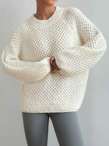 SHEIN Unity 1pc Women Versatile Solid Color Raglan Sleeve Sweater, Autumn/Winter Knit Pullover Fall Outfit - White - View 4