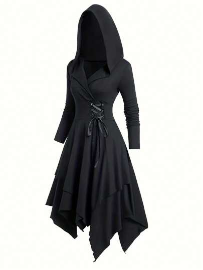 Airlisse Knitted Casual Cinched Waist Long Sleeve Asymmetrical Hemline Hooded Belt Solid Color Dress Fall Cloth For Women