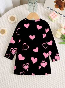 SHEIN LMoss Kids Cute Heart, Floral & Kitten Pattern, Casual Loose Fit Long Sleeve Dress For Baby Girls, Autumn - Multicolor - View 2