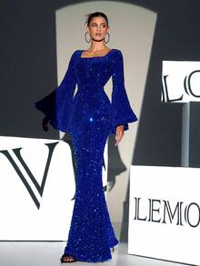Square Neck Flounce Sleeve Sequin Formal Gown - Royal Blue - View 3