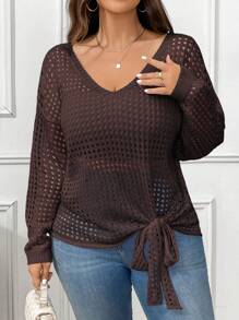 Elenzga Plus Size Solid Color Hollow Out Knitted Tie Up Sweater, Casual For Autumn/Winter Fall - Coffee Brown - View 3