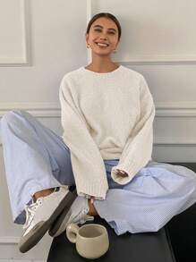 DAZY Suéter de cuello redondo de ajuste holgado de unicolor para mujer, ropa de mujer de otoño - Blanco - Ver 3