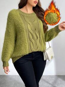 SHEIN Privé Plus Size Loose Fit Cable Knit Splice Fluffy Collar Warm Pullover Sweater For Autumn/Winter