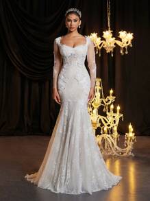 Glamrae 优雅奢华性感V领露背蕾丝透视法式古典蕾丝透视杯形鱼骨荷叶边网眼鱼尾长尾婚纱，白色长袖新娘礼服长袖婚纱新娘礼服新娘礼服白色婚纱新娘白色