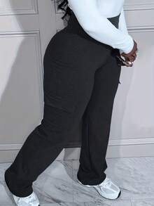 Quần dài màu trơn cạp cao cho nữ cỡ lớn - màu đen - Xem 3