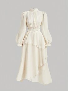 SHEIN MOD Váy viền bèo nhún màu mơ cổ điển lãng mạn dành cho nữ, dùng cho tiệc tùng và khiêu vũ - Màu be - Xem 1