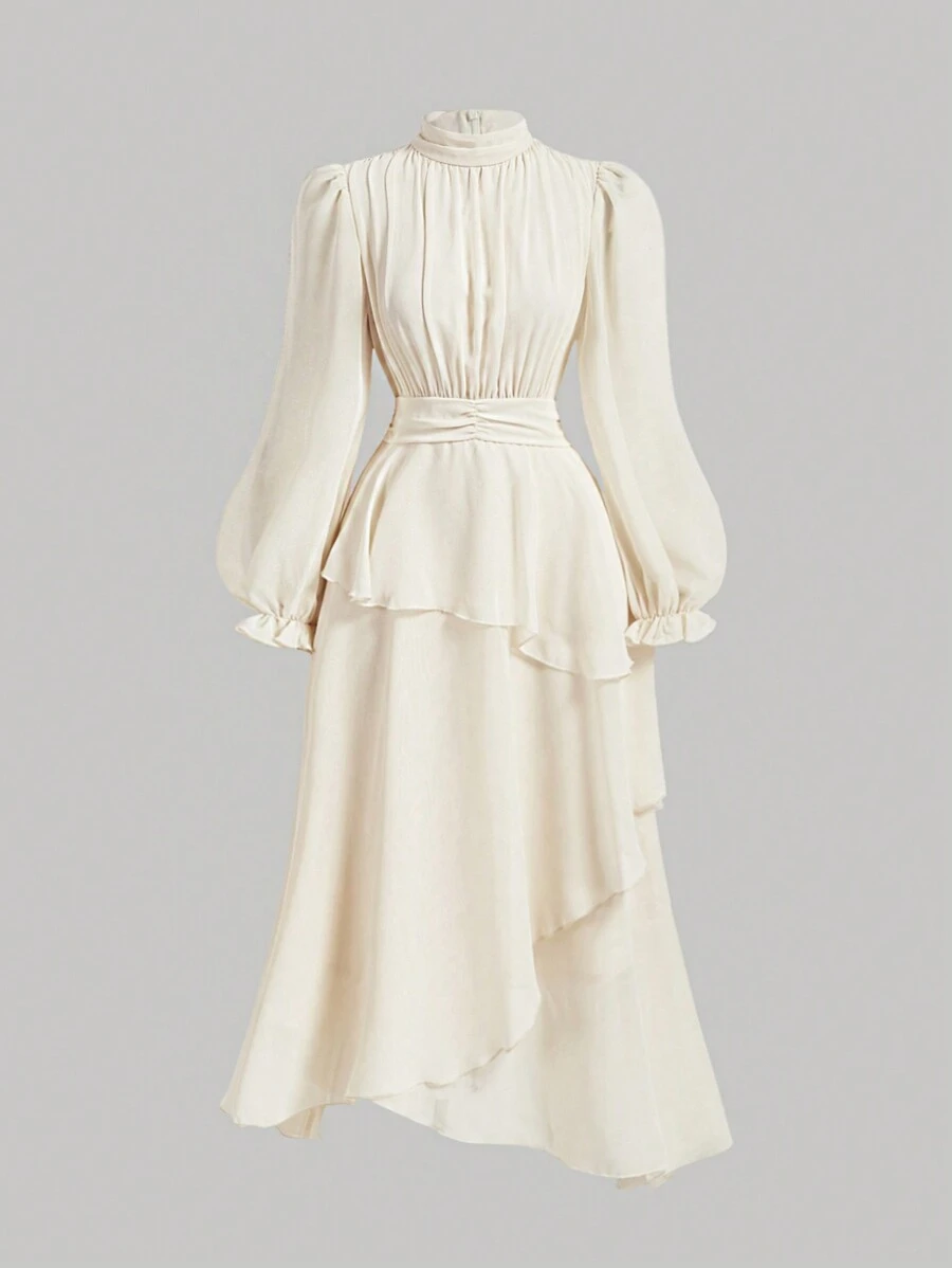 SHEIN MOD Váy viền bèo nhún màu mơ cổ điển lãng mạn dành cho nữ, dùng cho tiệc tùng và khiêu vũ - Màu be - Xem 1