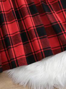 SHEIN Leap Crew 少女红黑格子修身腰部 A 字长袖连衣裙，圣诞派对装 - 紅色 - 查看 4