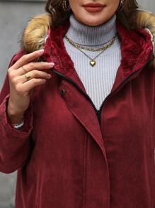 Calvaya 加大码连帽直筒长袖中长款加厚棉服外套衣服冬季 - 酒紅色 - 查看 7