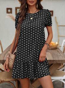EMERY ROSE Women's Summer Polka Dot Printed Round Neck Short Puff Sleeve Straight Dress - Black - View 5