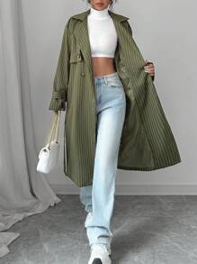 Calvaya Abrigo trench de mujeres de estilo casual, holgado y vintage con diseño de doble botonadura, estampado de rayas y manga larga (con forro)