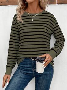 EMERY ROSE Casual Striped Drop-Shoulder Loose T-Shirt, Autumn Graphic Tees Women Tops