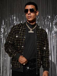 AKNOTIC Business Casual Luźna męska kurtka typu bomber z cekinami i zamkiem błyskawicznym, na jesień i zimę