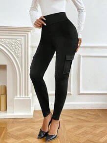 SHEIN Privé Pantalon slim taille haute style militaire pour femmes avec poches, leggings de sport ajusté pour le yoga, le fitness, la course - Noir - Voir 4