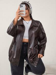 SHEIN CURVE+ Plus Size Distressed PU Leather Loose Jacket With Pockets Winter Fall Autumn