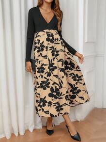 SHEIN Váy xẻ cao họa tiết hoa cho bà bầu buộc eo - Đen và trắng - Xem 5