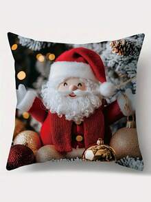 Set Of 4 Christmas Throw Pillow Covers 17.72" - Contemporary Hand Wash Only Zippered Polyester Cushion Cases For Living Room - Santa Claus, Snowman, Gift Ribbon, Bell Patterns For Holiday Decor, No Insert - Multicolor - View 5