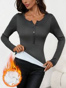 Calvaya Women Solid Color Button Front Long Sleeve Slim Fit Tee