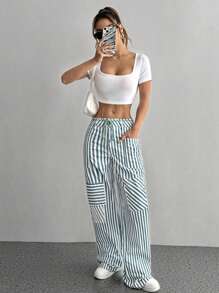 Flirla Striped Print With Pocket Knot Front Casual Straight Pants - Multicolor - View 1
