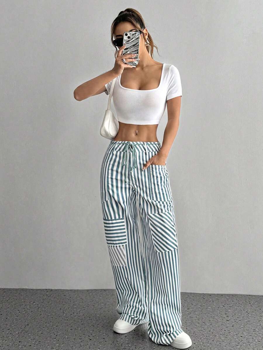 Flirla Striped Print With Pocket Knot Front Casual Straight Pants - Multicolor - View 1