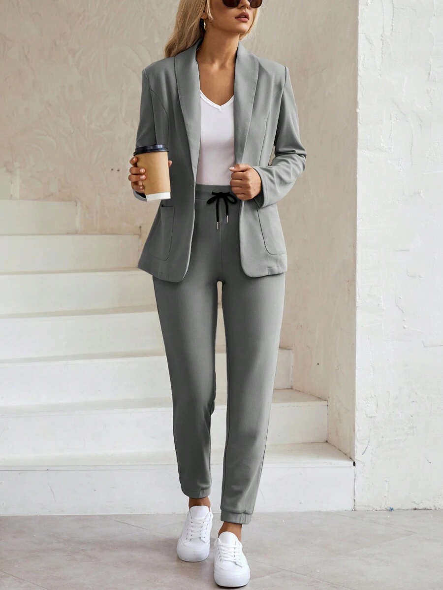 EMERY ROSE Textured Lapel Cardigan Top & Drawstring Waist Tapered Ankle Pants Women Suit Set - Grey - View 1